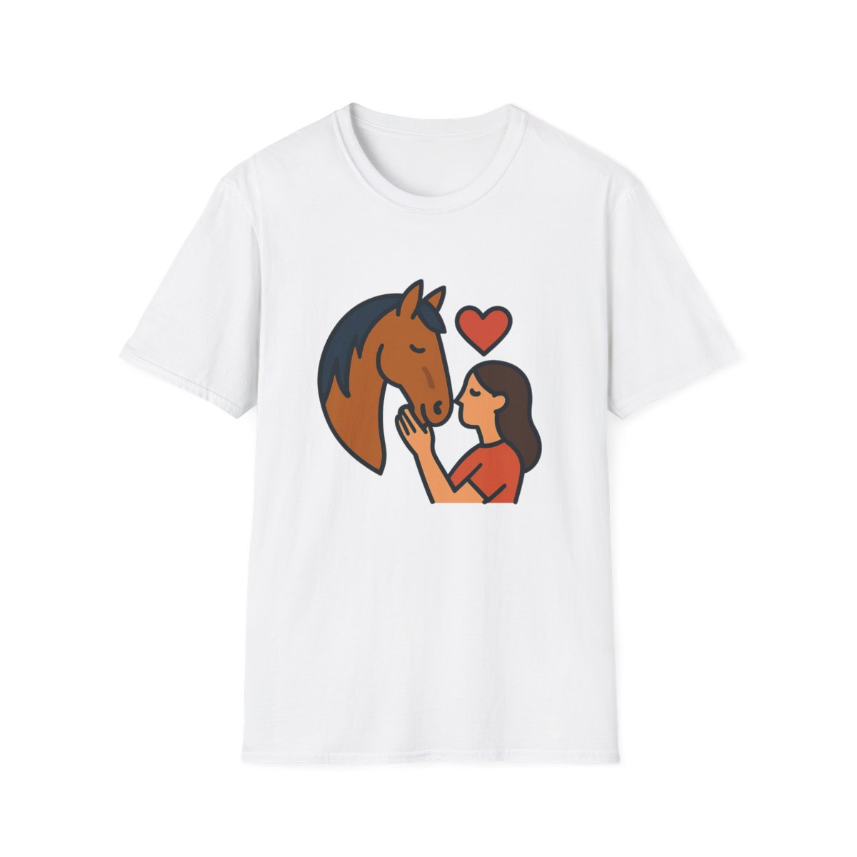 White t-shirt, front view, printed with smiling horse head above heart hands