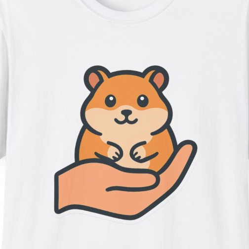 Close-up of the printed design detail: person holding an orange-and-white hamster