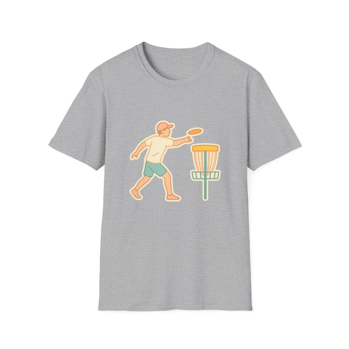 Sport Grey t-shirt, front view, printed with disc golfer throwing at basket