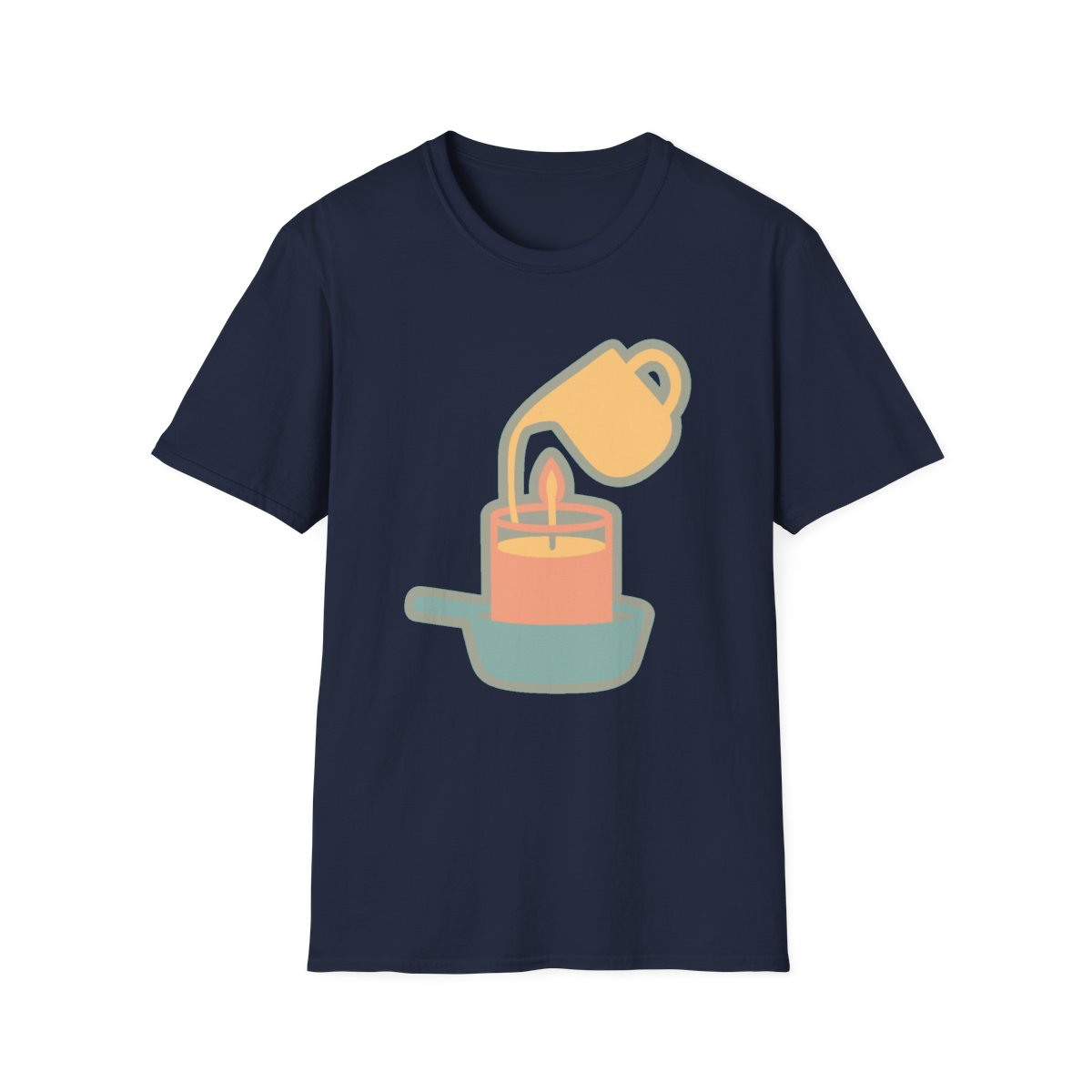 Navy t-shirt, front view, printed with pitcher pouring wax into candle