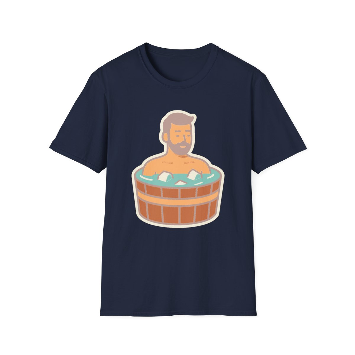 Navy t-shirt, front view, printed with bearded man in wooden hot tub