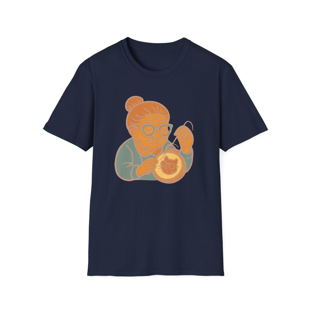 Navy t-shirt, front view, printed with a needlepoint grandma design