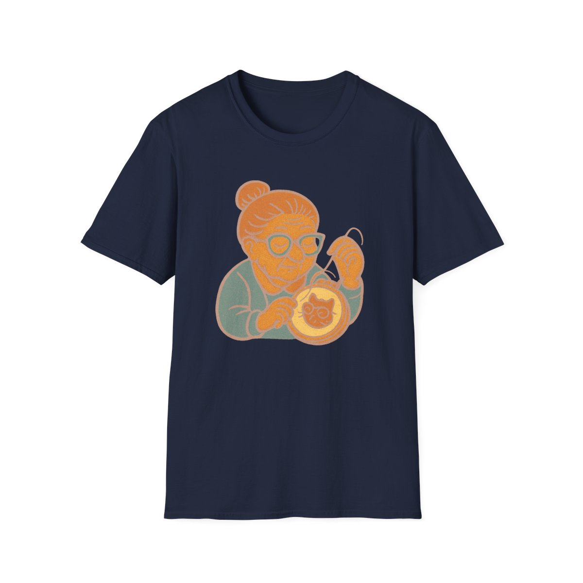 Navy t-shirt, front view, printed with a needlepoint grandma design