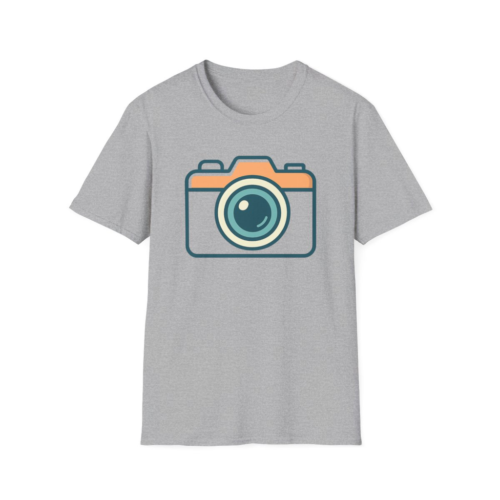 Sport Grey t-shirt, front view, printed with stylized camera icon illustration