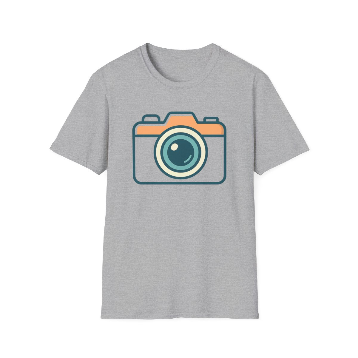 Sport Grey t-shirt, front view, printed with stylized camera icon illustration