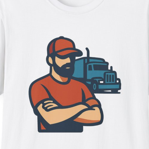 Close-up of the printed design detail: truck driver in cab illustration