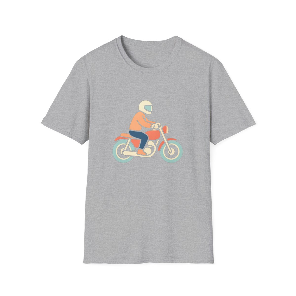 Sport Grey t-shirt, front view, printed with simple rider on a motorcycle illustration