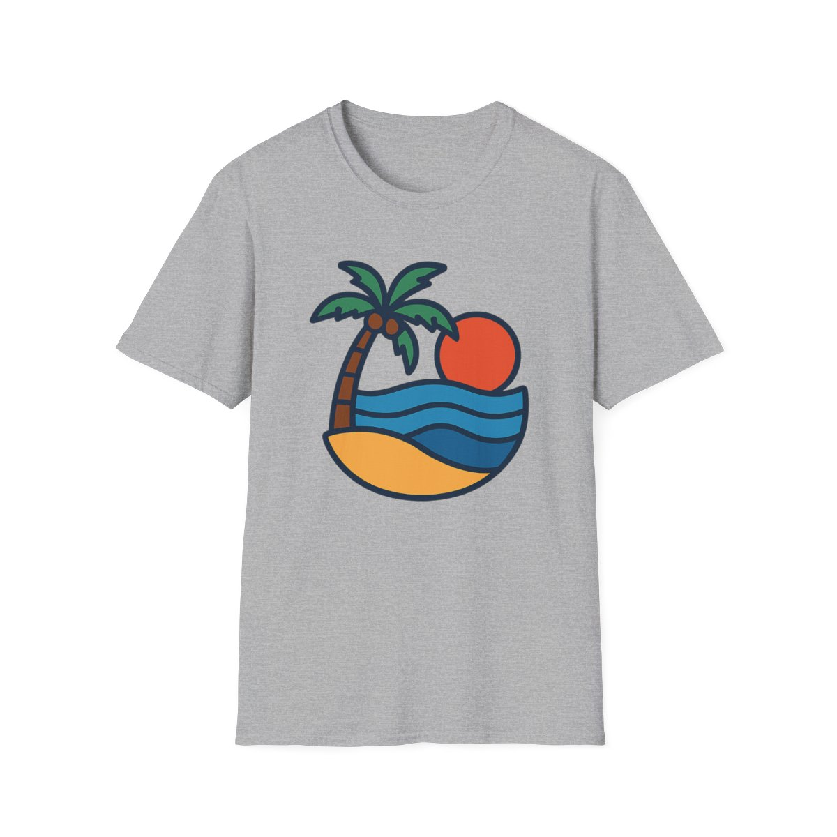 Sport Grey t-shirt, front view, printed with beach umbrella, surfboard, beach ball