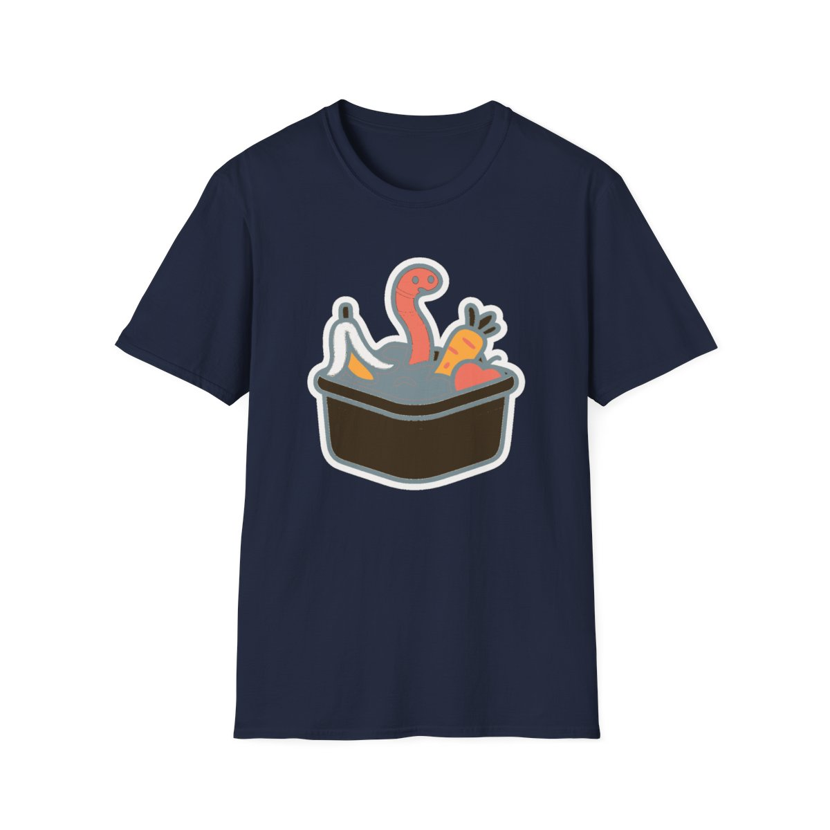 Navy t-shirt, front view, printed with worm in vermicompost bin