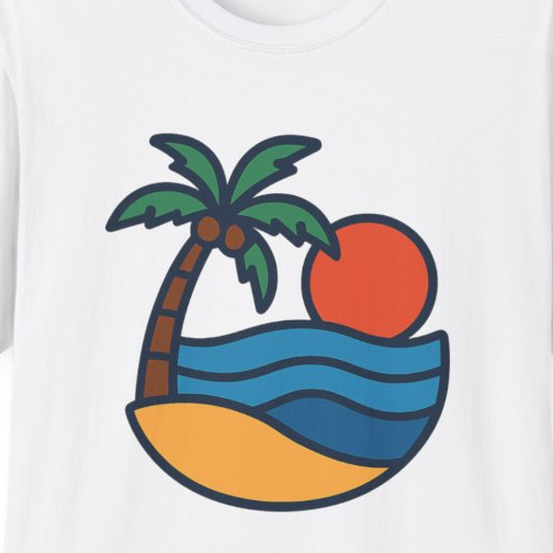 Close-up of the printed design detail: beach umbrella, surfboard, beach ball