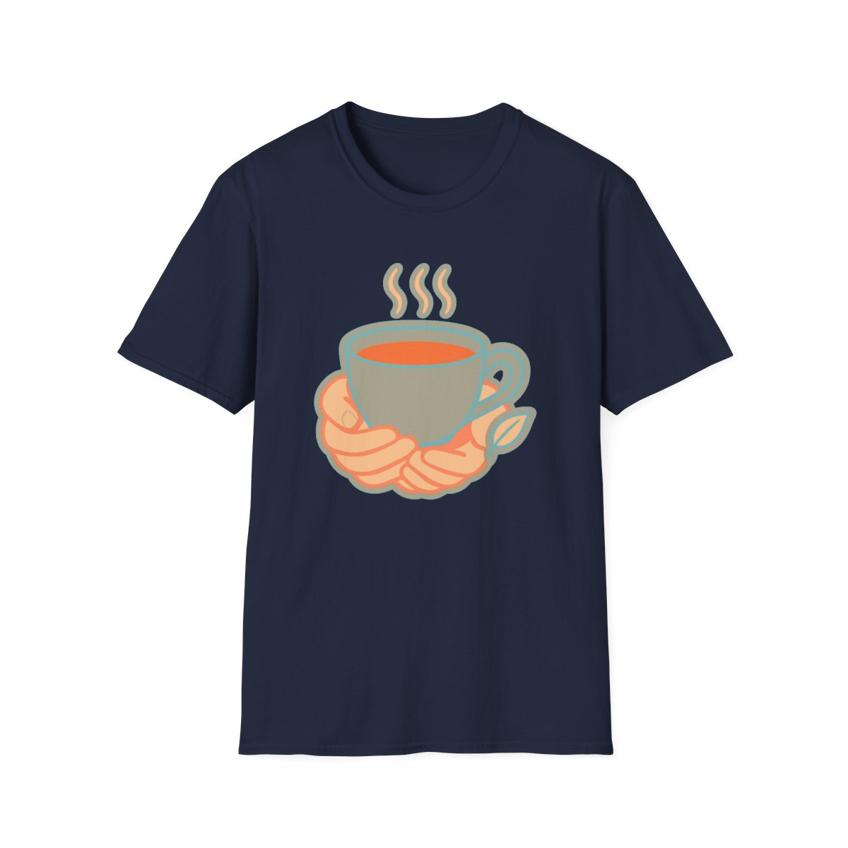 Navy t-shirt, front view, printed with hands holding steaming teacup with leaf