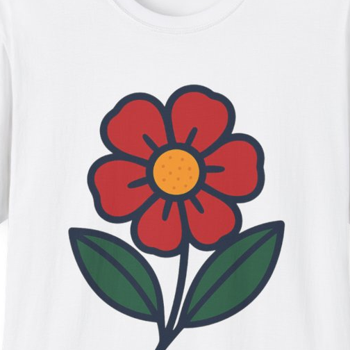 Close-up of the printed design detail: peach daisy with mint leaves