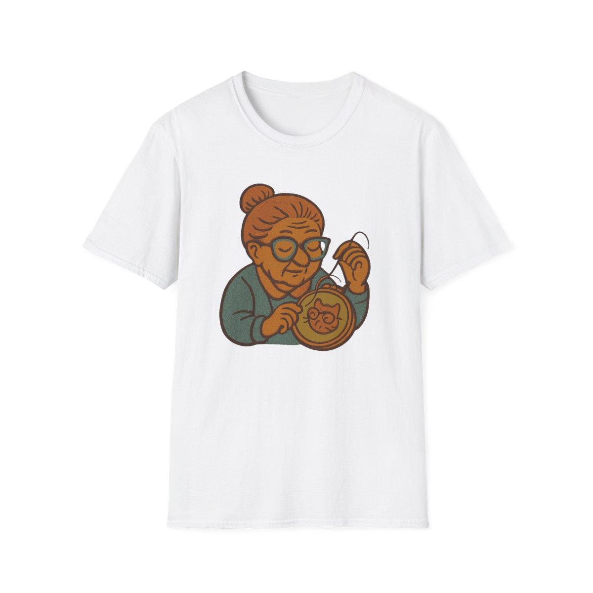 White t-shirt, front view, printed with a needlepoint grandma design