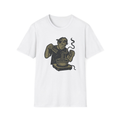 White t-shirt, front view, printed with a college ramen chef design