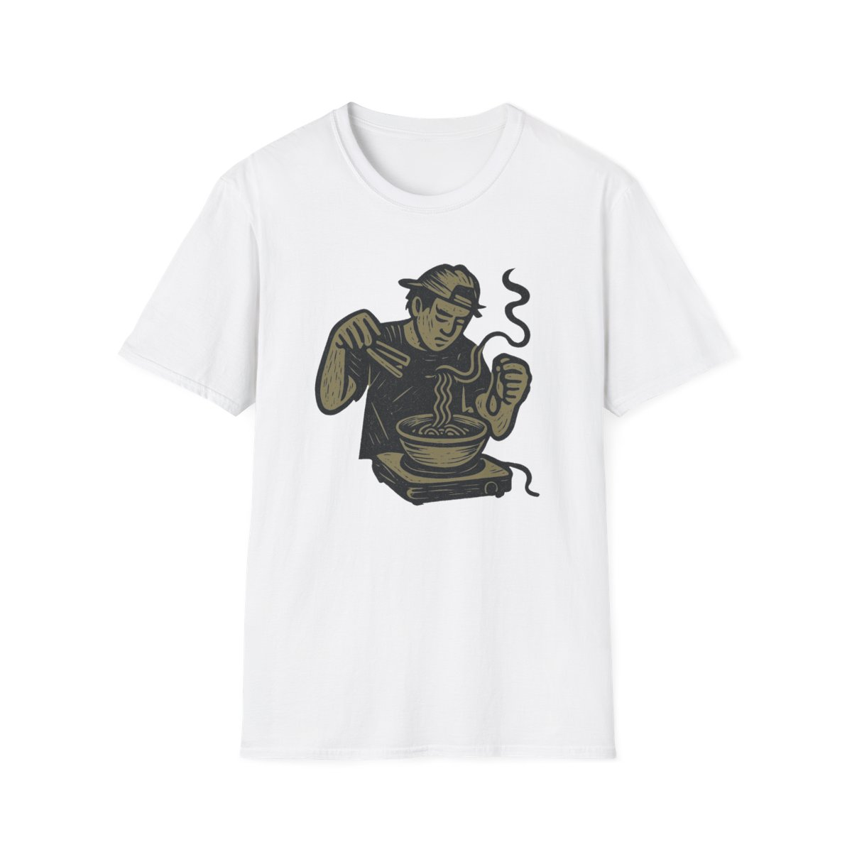 White t-shirt, front view, printed with a college ramen chef design