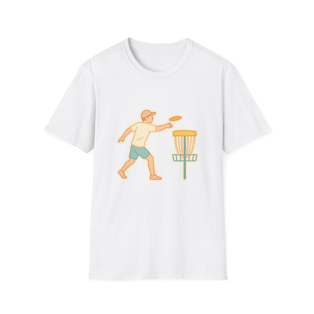 White t-shirt, front view, printed with disc golfer throwing at basket