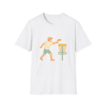 White t-shirt, front view, printed with disc golfer throwing at basket
