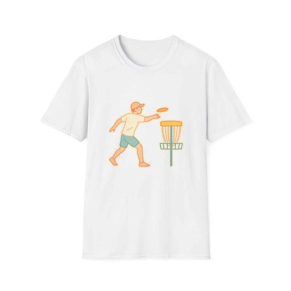 White t-shirt, front view, printed with disc golfer throwing at basket