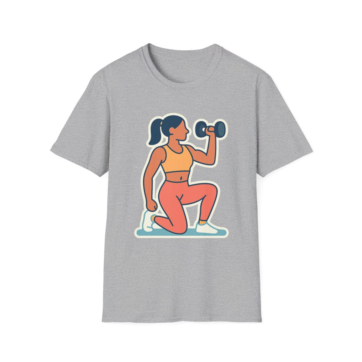 Sport Grey t-shirt, front view, printed with woman kneeling with dumbbell