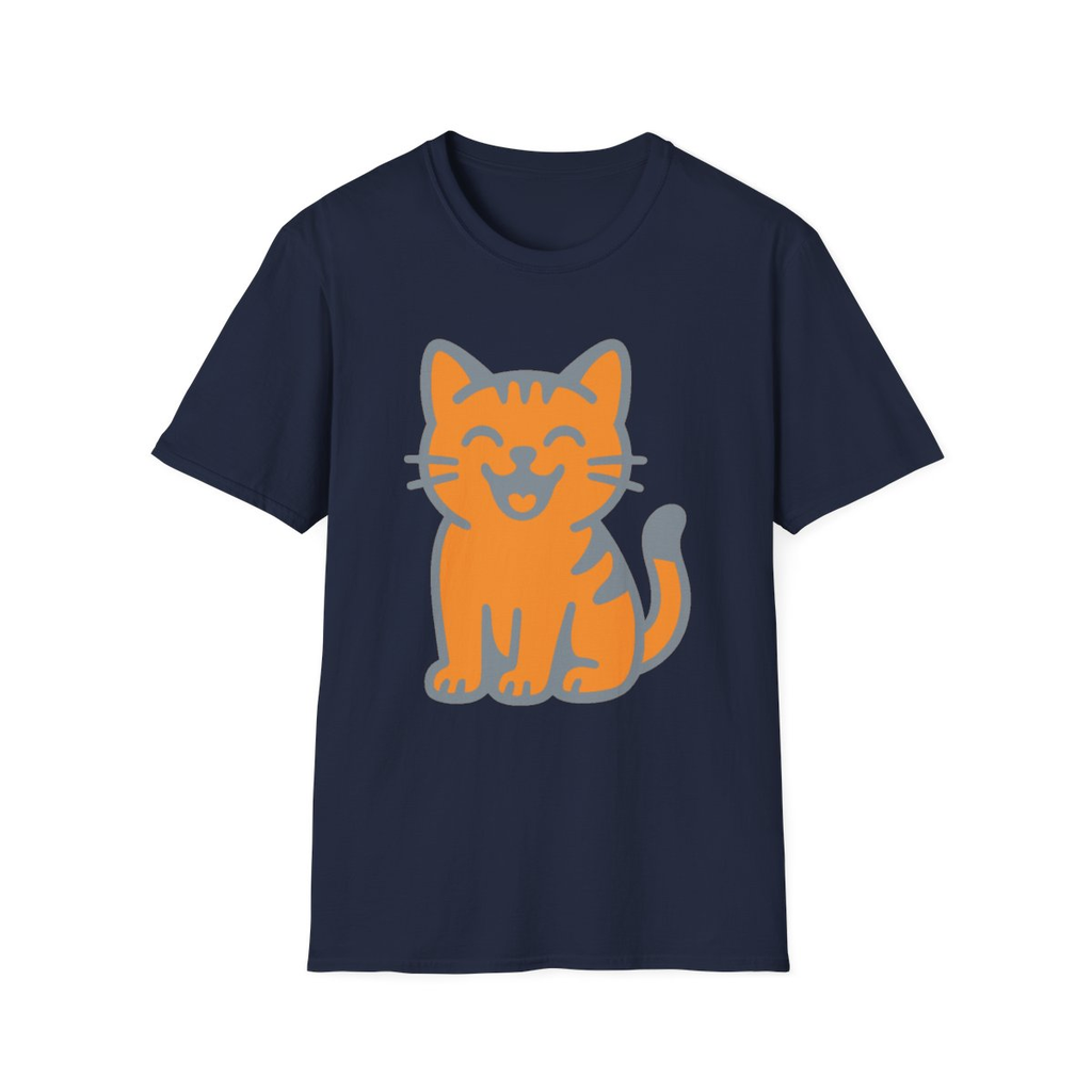 Navy t-shirt, front view, printed with smiling orange tabby cat illustration