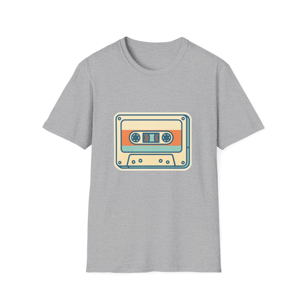 Sport Grey t-shirt, front view, printed with illustrated retro cassette tape