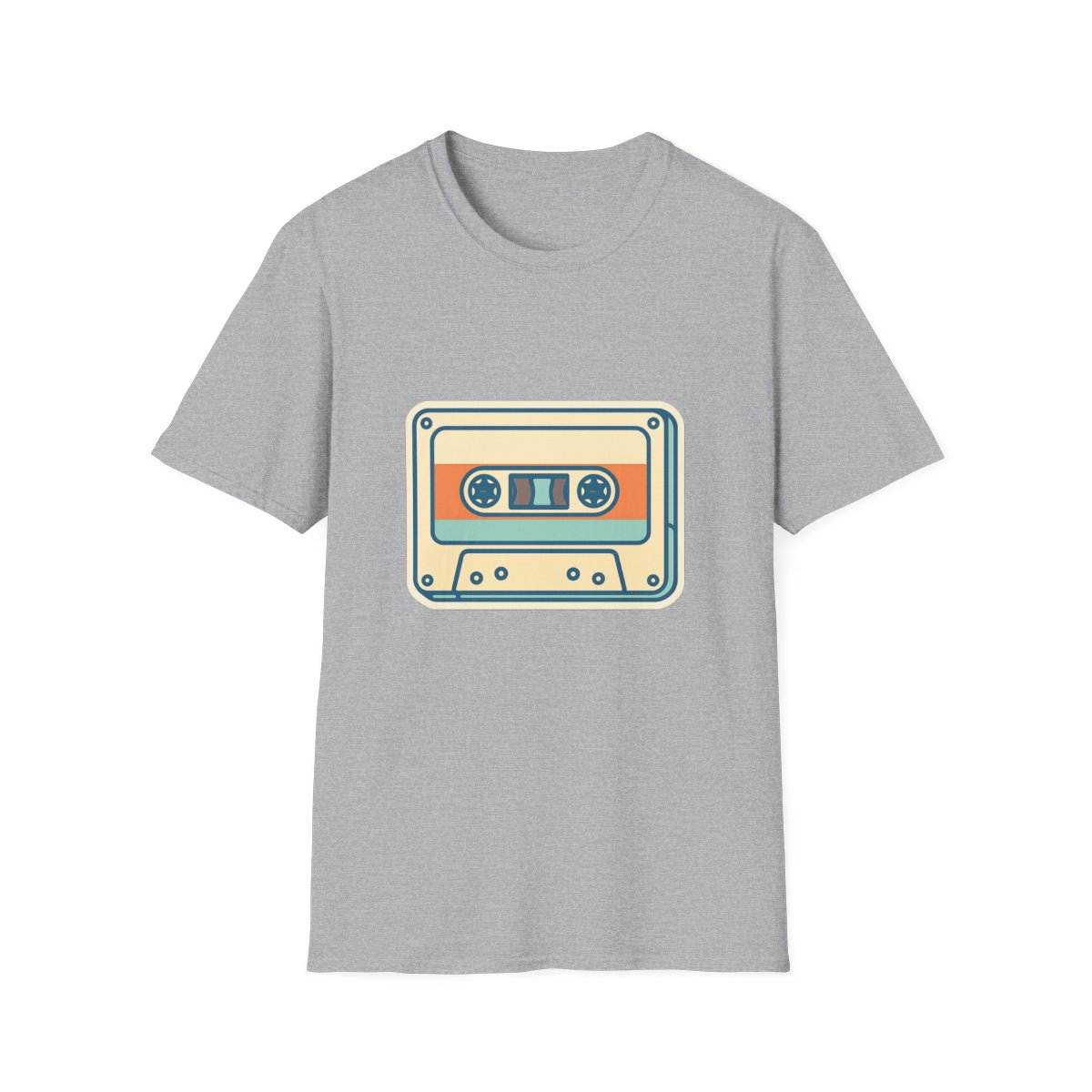 Sport Grey t-shirt, front view, printed with illustrated retro cassette tape