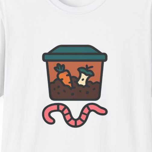 Close-up of the printed design detail: worm in vermicompost bin