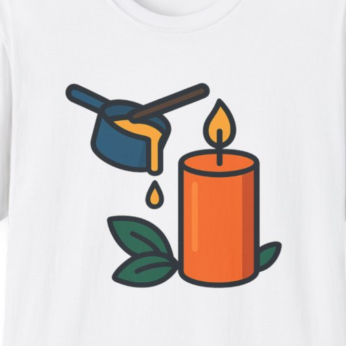 Close-up of the printed design detail: pitcher pouring wax into candle