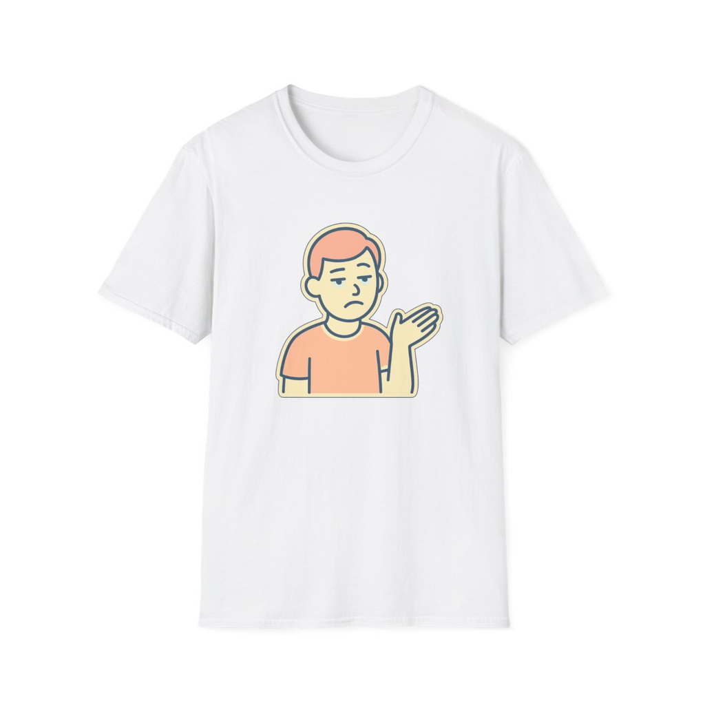 White t-shirt, front view, printed with cartoon unimpressed person shrugging