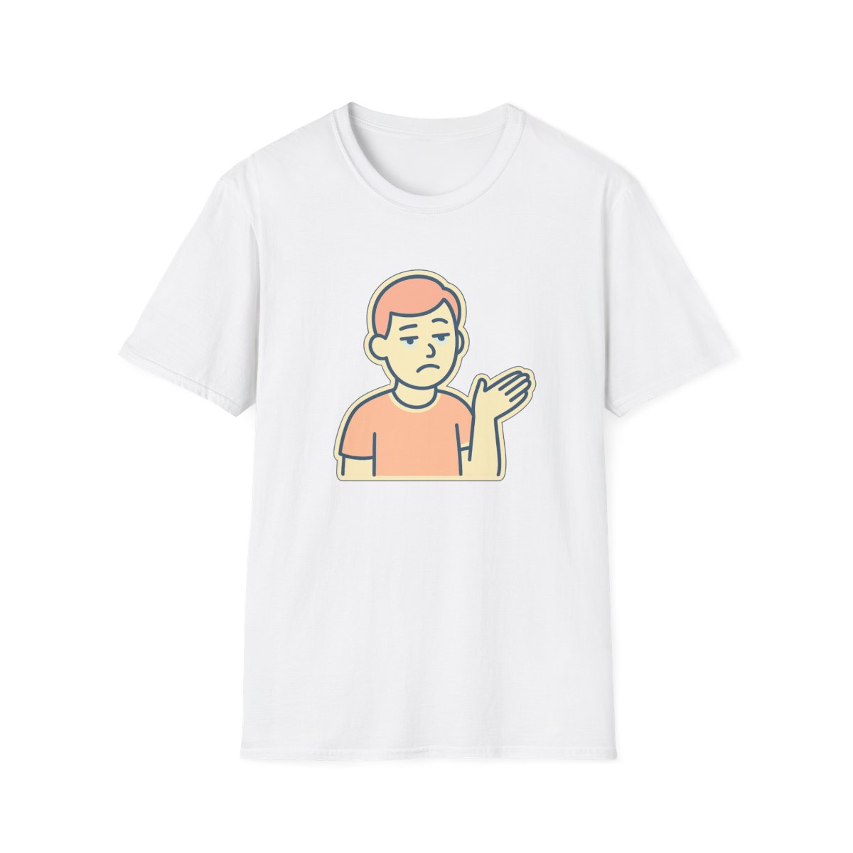 White t-shirt, front view, printed with cartoon unimpressed person shrugging