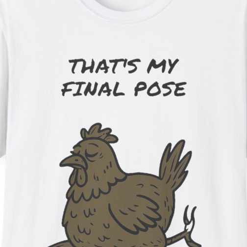 Close-up of the printed design detail: middle-aged hen, trying to lead a backyard chicken yoga class