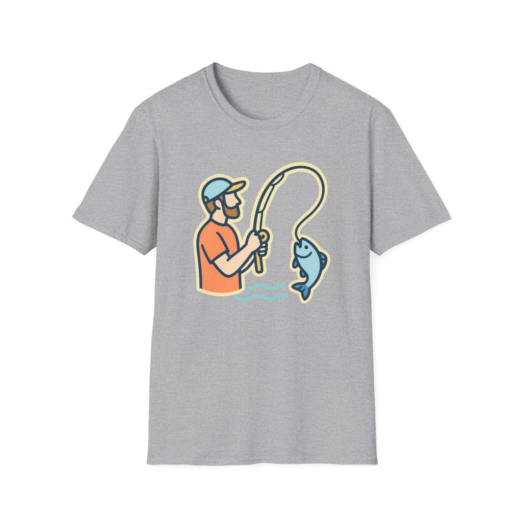 Sport Grey t-shirt, front view, printed with angler reeling in a smiling fish