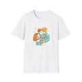 White t-shirt, front view, printed with hiker looking at mountain peaks