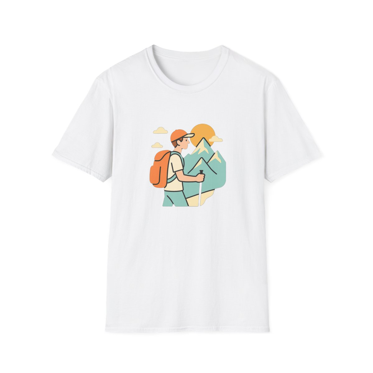 White t-shirt, front view, printed with hiker looking at mountain peaks