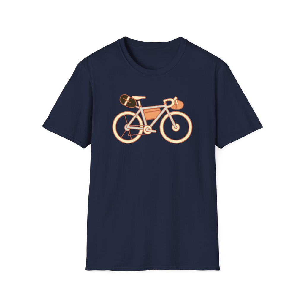 Navy t-shirt, front view, printed with illustration of a loaded bikepacking bicycle