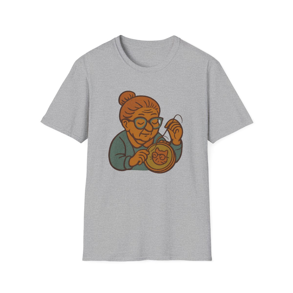 Sport Grey t-shirt, front view, printed with a needlepoint grandma design