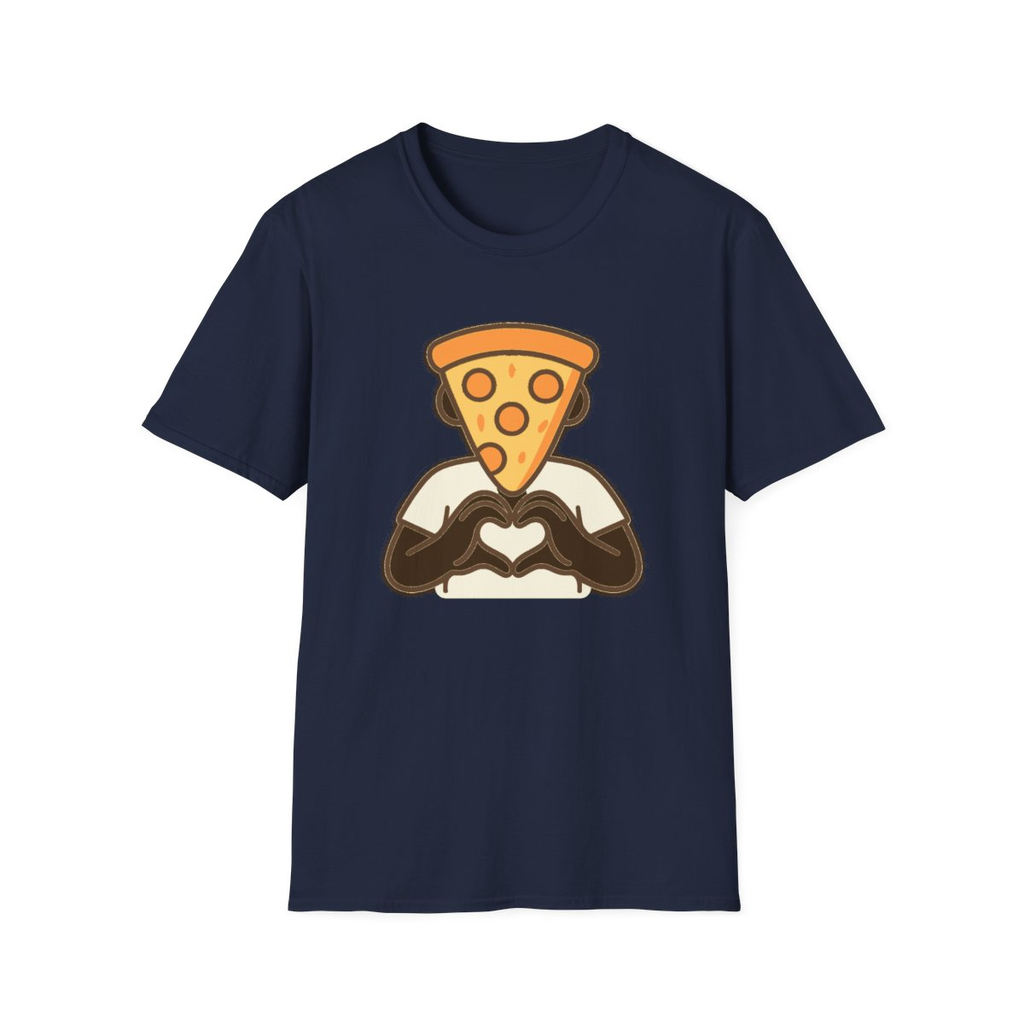 Navy t-shirt, front view, printed with pizza slice head with heart hands