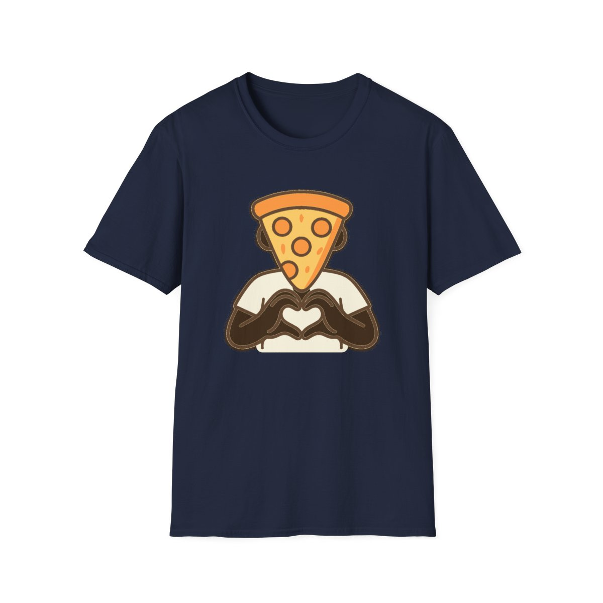 Navy t-shirt, front view, printed with pizza slice head with heart hands