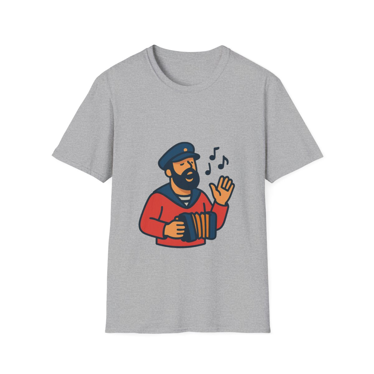 Sport Grey t-shirt, front view, printed with bearded man singing above waves