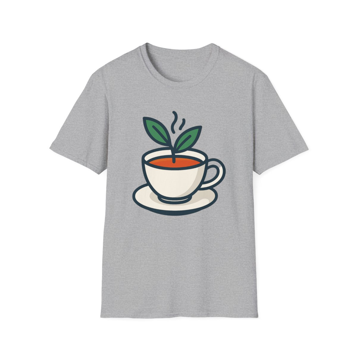 Sport Grey t-shirt, front view, printed with hands holding steaming teacup with leaf