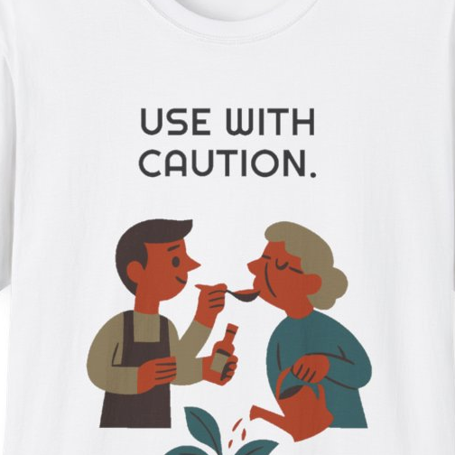 Close-up of the printed design detail: small-batch hot-sauce maker, testing a new fiery batch on skeptical grandma