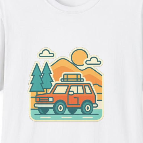 Close-up of the printed design detail: orange station wagon and mountains