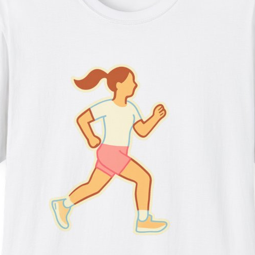 Close-up of the printed design detail: stylized runner mid-stride illustration