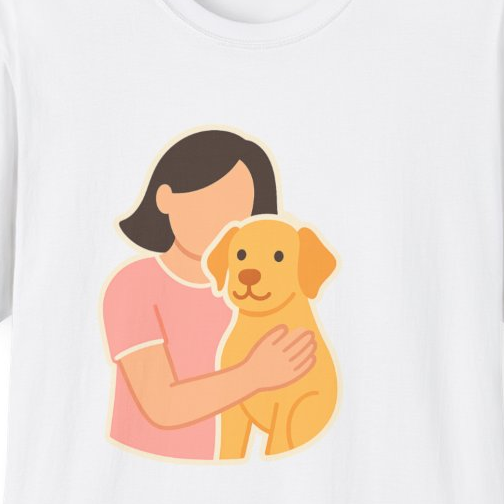 Close-up of the printed design detail: person holding a dog illustration