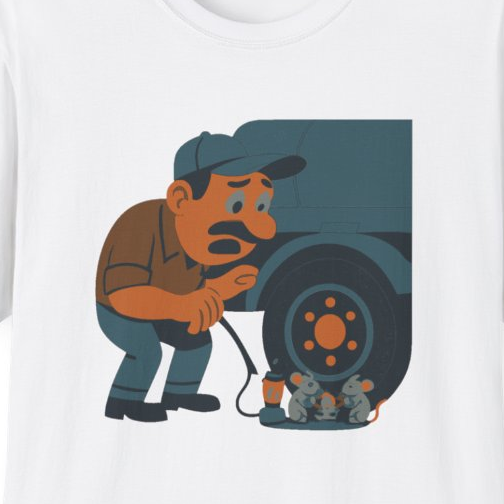 Close-up of the printed design detail: long-haul tanker driver, checking tire pressure at midnight rest stop