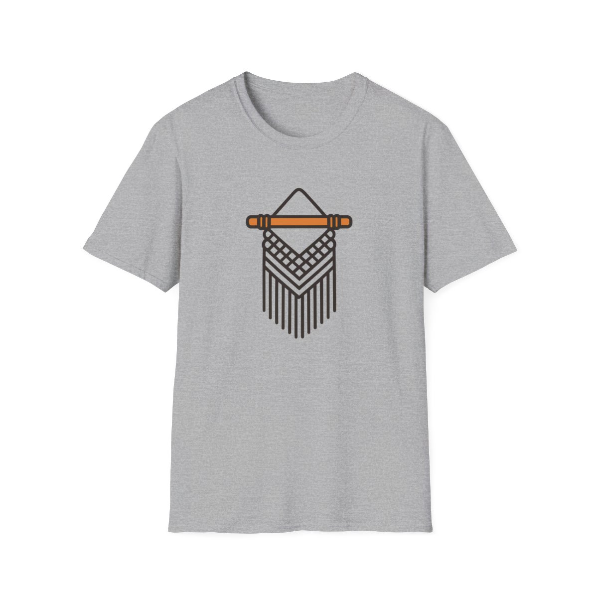 Sport Grey t-shirt, front view, printed with decorative macramé wall hanging illustration