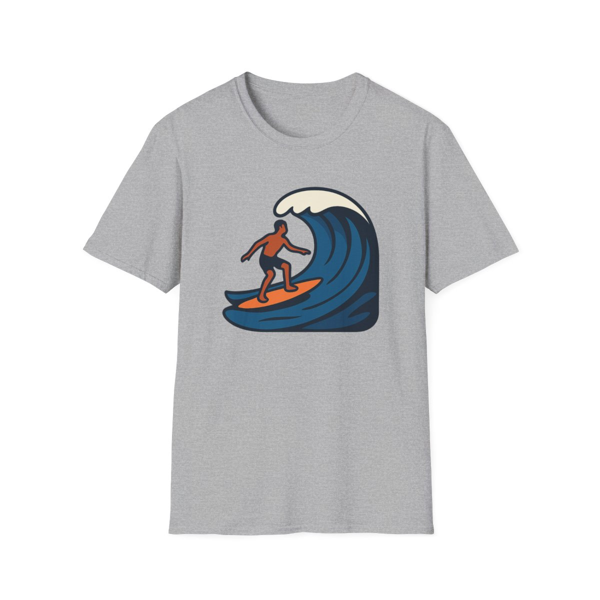 Sport Grey t-shirt, front view, printed with surfer silhouette riding a curling wave