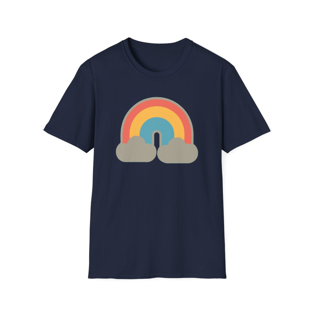 Navy t-shirt, front view, printed with muted rainbow with two clouds