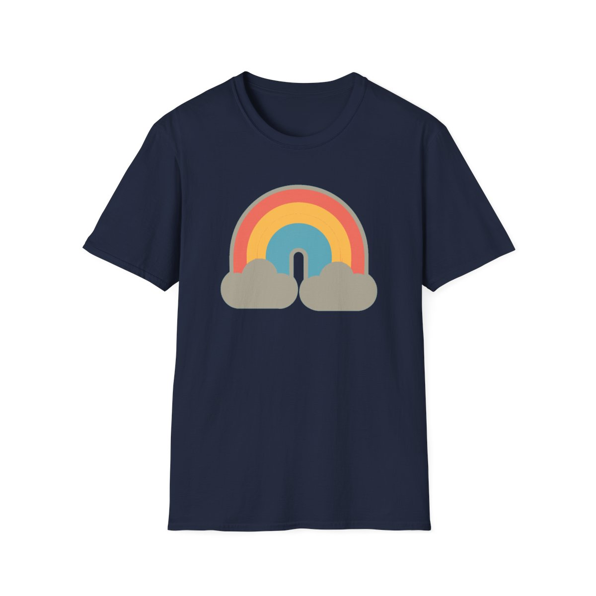 Navy t-shirt, front view, printed with muted rainbow with two clouds