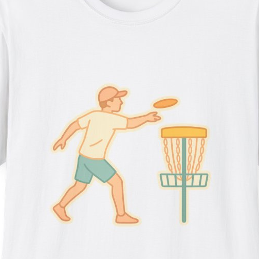 Close-up of the printed design detail: disc golfer throwing at basket